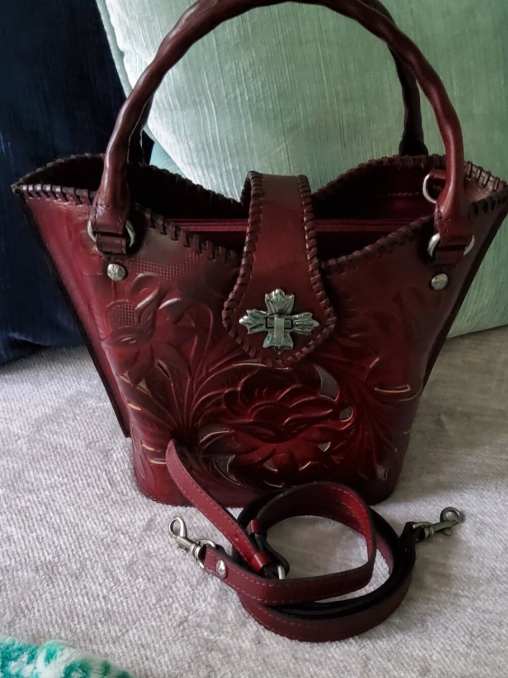 Patricia Nash Leather Cut V Shaped Tooled Tote/Crossbody in Oxblood